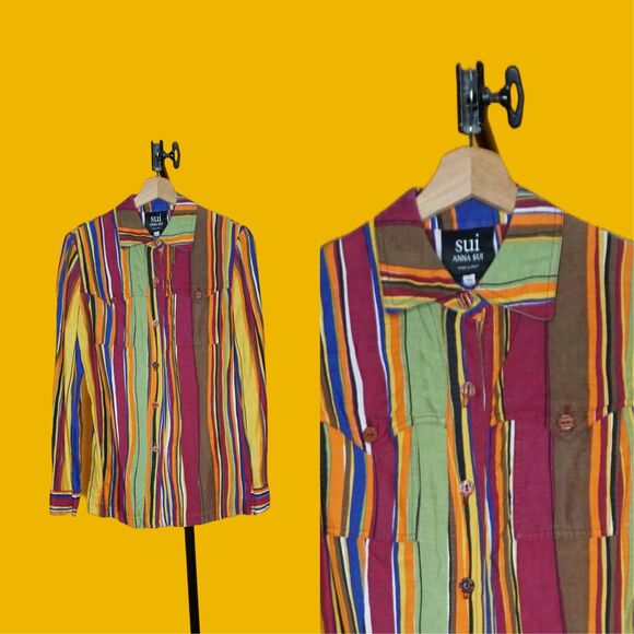 1990s SUI by ANNA SUI Colorful Striped Button Up Linen Blouse W/Pockets. S-M - Picture 1 of 10